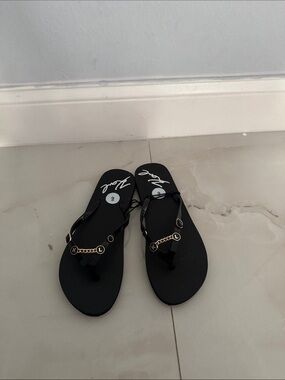 Black Thong Sandals with Gold Chain Accent